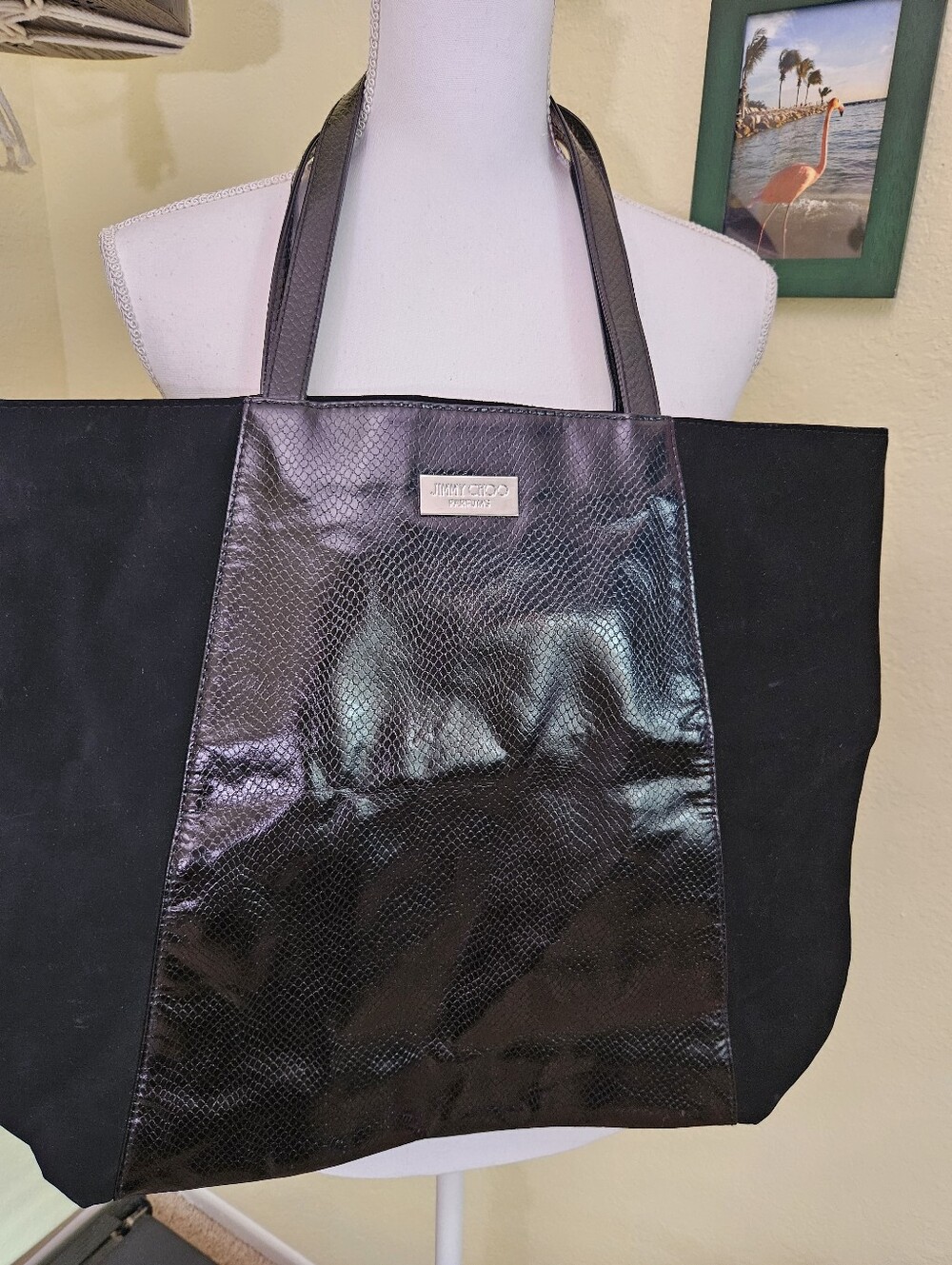 Jimmy Choo Black python textured Fabric Tote